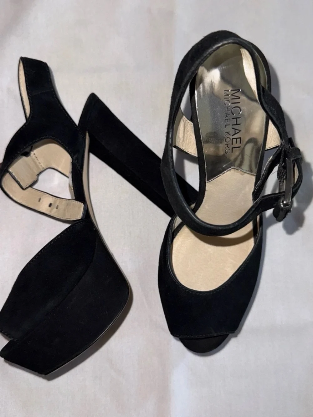 Michael Kors Black Suede Platform Peep-Toe Block Heels